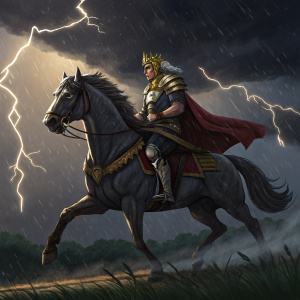 Illustration of Raoh, a powerful warrior, riding a majestic horse through a stormy night. Raoh's determined expression and detailed armor are prominent. Dark, stormy background.