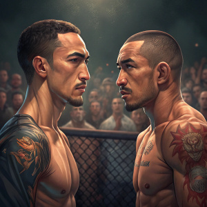 Max Holloway and Jose Aldo, both fighters, staring intensely at each other in a boxing ring. Spectators in the background are blurred.
