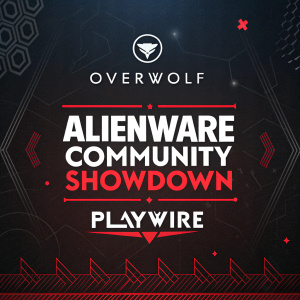 Promotional digital artwork for Alienware Community Showdown. The graphic features a dark background with bold white and red text. It includes logos for Overwolf, Playwire, and Alienware. Abstract shapes are integrated into the design.