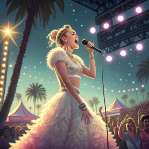 Miley Cyrus performing on stage at Coachella. She wears a sparkling white top and a voluminous, fluffy skirt.
