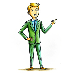 40 years old male teacher in suit, as a drawing for a cartoon, on a white background, whole body he points with his hands