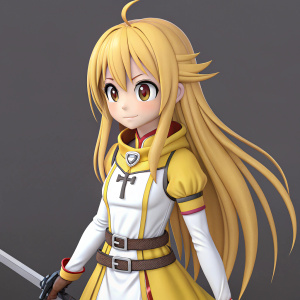 3D digital art of a young anime girl from 'Konosuba: Darkness Render'. She has long blonde hair and a confident look. Wearing a bright yellow and white outfit with a sword by her side. Solid grey background