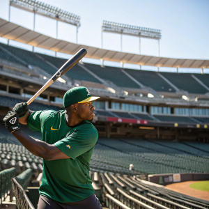 Justin Upton, in a green training jersey, practicing batting in an empty stadium.