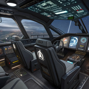 Digital illustration of the interior of the Avengers Quinjet. Detailed control panels and screens. Stark technology