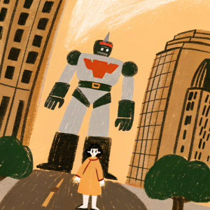 Afrodita A standing alongside the iconic robot Mazinger Z in a futuristic cityscape.
