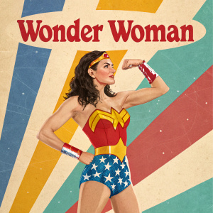 Colorful poster of Wonder Woman. Flexing muscles, standing confidently in vibrant costume. Text reads 'Wonder Woman' in bold letters