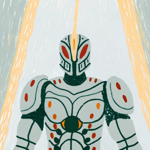 A detailed rendering of Guyver suit. Futuristic armor with red highlights. Dark and mysterious background