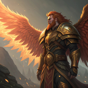Fandral Staghelm, a robust male druid from the realm of Warcraft, stands with fiery-red hair and intense, battle-ready gaze. His armor gleams with golden accents, and colossal, blazing wings stretch out behind him. The background is a shadowy expanse with subtle, rugged terrain.