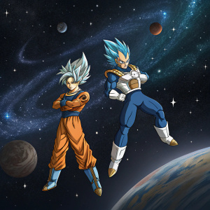 Illustration of Goku and Vegeta in a dramatic pose, floating in space with stars and galaxies in the background.