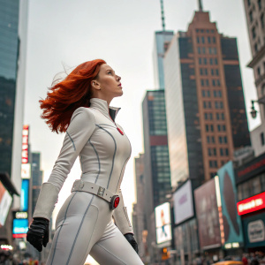 Red-haired superheroine in action pose. White spandex suit, cityscape background.