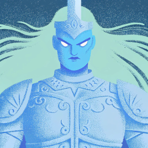 Female orc warrior, fierce expression, dark background. Purple skin, intricate armor, long blonde hair, detailed illustration