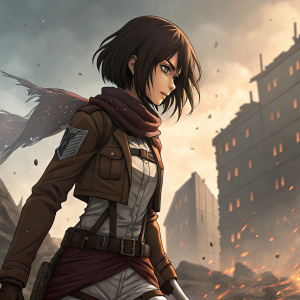 Mikasa Ackerman from 'Attack on Titan', with short, dark brown hair, in a determined pose. During an intense battle scene, amidst a desolate, war-torn landscape.