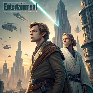 Actors from Star Wars gracing the cover of Entertainment Weekly. Futuristic cityscape background, plot twist revealed
