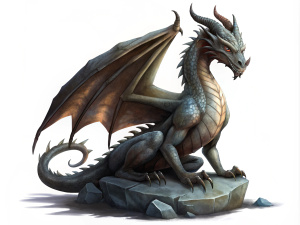 details,  D&D, dragon, sitting, on a stone, grey,  wings folded behind his back, white background