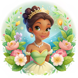 Princess tiana, flowers, cartoon, cute image, high quality, transparent background 