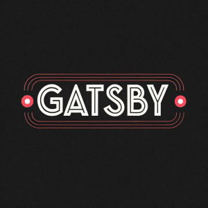 Minimalist logo design. Gatsby's name in bold sans-serif font, centered. Black background with a tiny neon red dot on the right. Simple, modern look