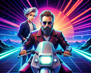 Un papà magrissimo con la barba e capelli neri occhi marroni e e suo figlio capelli biondi e occhi azzurri su una motociclette moto guzzi bianco e rosso