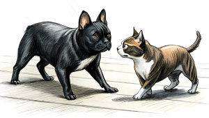 
cat fighting with black french bulldog in apartment pen sketch 