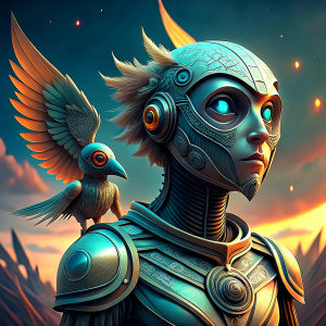 "Create an image depicting an organic humanoid robot with a human-like head, large wings, and a forward-facing posture engaging in a conversation with a small, single-eyed robotic bird. Capture the scene from a wide-angle perspective."