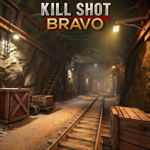 A screenshot from Kill Shot Bravo. Game scene in a dimly lit, dusty old gold mine. The rugged walls, wooden planks, and rusted machinery create a gritty, industrial atmosphere. The lighting casts dramatic shadows, emphasizing textures. 'Kill Shot Bravo' logo prominently displayed in bold font.