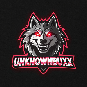 Stylized wolf mascot logo. Fierce face, sharp teeth, glowing red eyes. Set against black background with neon 'UnknownBUXX' text beneath. Dark and edgy contrast.