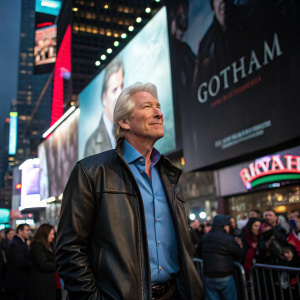 Richard Gere at an event in Times Square. Wearing a black leather jacket and blue shirt, standing in front of large billboards showcasing 'Gotham'. Surrounded by bustling crowd.