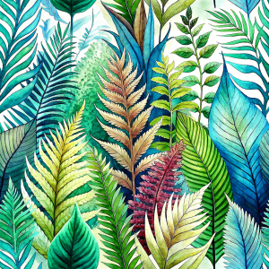 ferns and  tropical leaves. laying repeat.
 white backgraund.