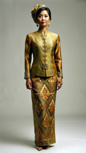 fashion style, brocade kebaya, full body
