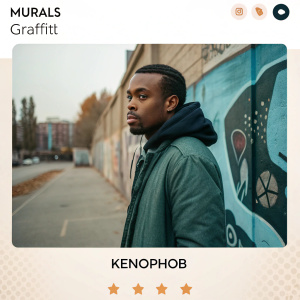 Digital artist Kenophob's portfolio page. Muted color scheme, simple layout. Focus on his artwork mixing futuristic and human elements. Mention of his mural and graffiti background. Clean, modern design with small icons and text