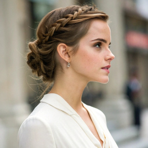 Close-up of Emma Watson, youthful caucasian actress. Braided updo hairstyle, minimal makeup, elegant white blouse, blurred urban backdrop.