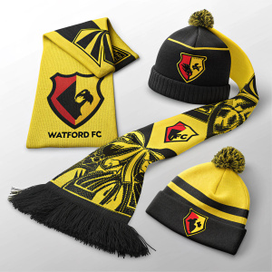 Sportswear collection for Watford FC fans. Includes a yellow and black scarf, cap, and beanie hat. All items feature the WFC logo.
