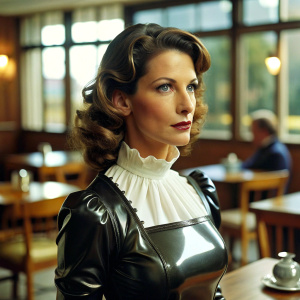 40 yo cougar wearing a long sleeve glossy pvc waitress dress with white apron.  bright red lipstick. side view at cafe