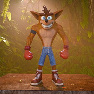 A digital illustration of Crash Bandicoot. Wearing boxing gloves, flexing his muscles, standing against a neon green backdrop