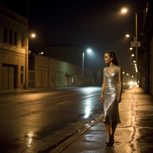 Natalie Portman, in a shimmering silver dress, stands alone on a deserted street at night. City lights reflecting off wet pavement.