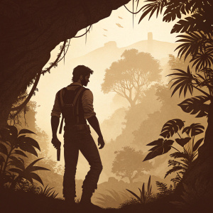 Illustration for Uncharted: Nathan Drake Collection. Nathan Drake's silhouette in sepia tone, set against a gritty, adventurous backdrop.