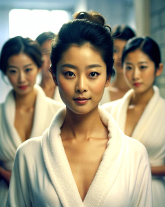 1girl, 20-year-old Korean actress Clara Lee Sung-min, with bun hairstyle, wearing an open white bathrobe, bathroom: 1.2, collarbone, looking at the audience, ((turbulent)), ((perfect body proportions)), (panorama: 1.3), Beautiful and mature, grinning, deep shadows, Mario Testino style, <lora:DetailedEyes_xl_V2:1>, <lora:neg4all_bdsqlsz_xl_V7:1>, (super delicate oval face)), ((beautiful eyes with long eyelashes,((real quality) )),((Leica RAW photo)),64k,((Fidelity:1.2)), ((Really fair skin)),((Su