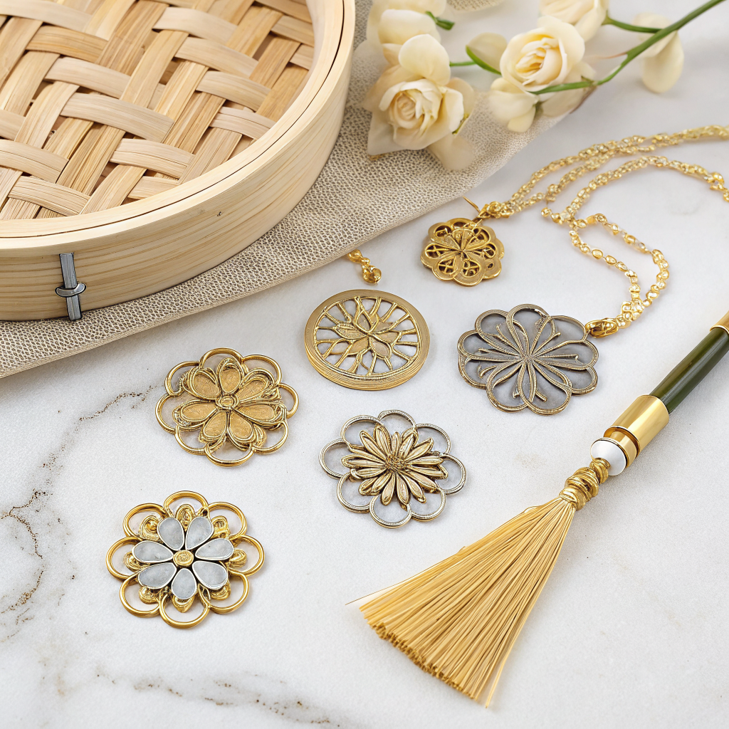 Modular jewelry flat lay on marble