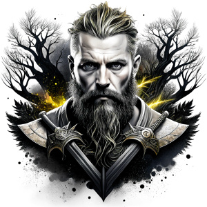 Wikinger mit zwei Gesichtern baum yggdrasil – and weapons high-definition design grey and black, realistic tattoo design, white background