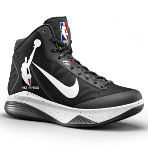 Black and white Nike Hyperize basketball shoes. Side features swoosh logo. Sock includes NBA logo, player silhouette, athletic design. Durable outsole, breathable upper, detailed textures, and logos for performance.