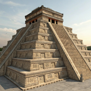 Intricate 3D digital art of an ancient Aztec pyramid. Multi-level structure with detailed stone carvings and terraces. The design features repetitive patterns and a sloping roof. Illustration style.