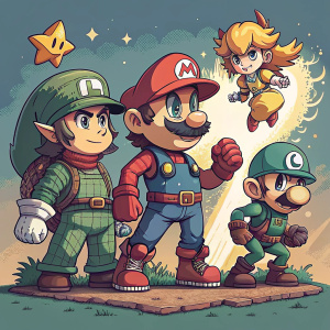 Pixel art design featuring video game heroes. Limited color palette, each character with unique abilities and attributes.