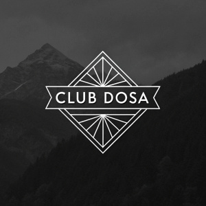 Stylized geometric design for Club Dosa. Minimalist black and white logo. Sleek sans-serif font 'Club Dosa'. Dark background. Modern and chic