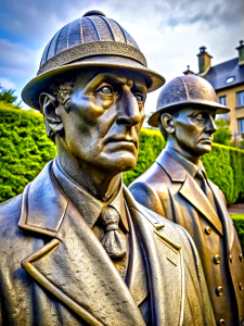 A bronze statue of Sherlock Holmes and Dr. Watson