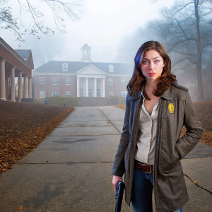 Imogen Poots as Alex Parrish in Quantico, standing in front of the FBI academy. Serious expression, holding badge and gun.