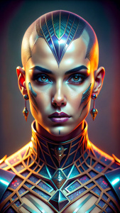 A stoic Latina with a shaved head and a single chrome mohawk, her stoic expression contrasting with the vibrant geometric patterns pulsing beneath her skin psychedelic, symmetry, contrast, vibrant, cyberpunk, anthropomorphic, cinematic, hollywood style 