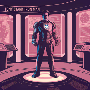 Tony Stark, in his Iron Man suit, standing in a futuristic lab. High-tech holograms displaying information about the suit's upgrades and previous missions float around him.