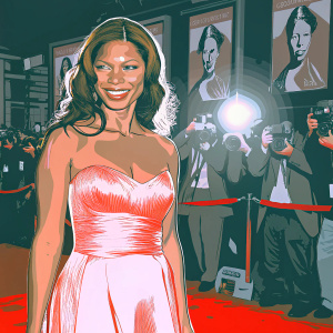Actress Merle Dandridge smiling in front of a bustling red carpet event, posters of 'Greenleaf' in the background.