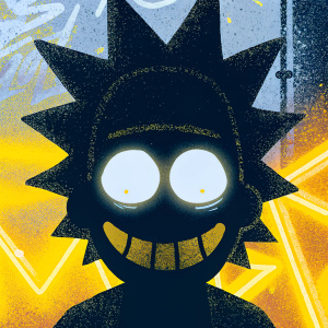Close-up of Rick Sanchez from Rick and Morty. Dark, smirking face. Neon lights and graffiti background.