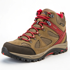 A Merrell Azura Mid Waterproof hiking shoe. Earthy brown and vibrant red accents. Firm sole. Laced up. Placed on a plain white surface.