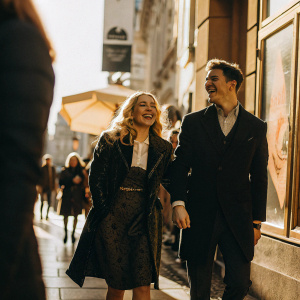 AnnaSophia Robb and Chris Wood laughing on a sunny street during a promotional event for The Carrie Diaries.